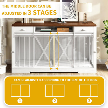 63 Inch Double Dog Crate Furniture for 2 Dogs, Heavy Duty Wooden Dog Crate TV Stand with Charging Station, Dog Kennel Indoor Furniture Double Sliding Barn Door Design Ideal for 2 Dogs, Oak