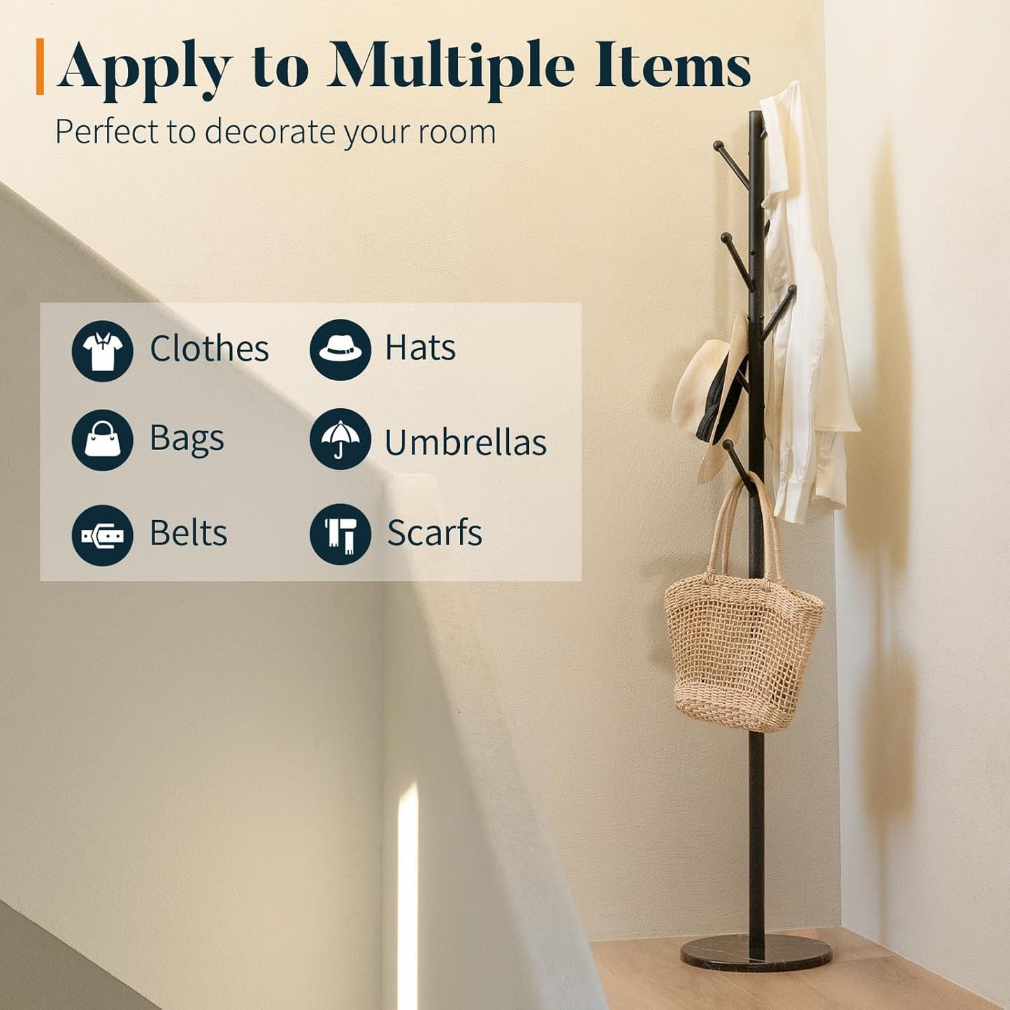 Coat Rack Freestanding with Natural Marble Base - Coat Tree with 8 Hooks Heavy Duty Coat Hanger Stand, Metal Coat Rack Stand for Jacket, Hat, Clothes & Bag, Hall Tree Hat Rack for Entryway