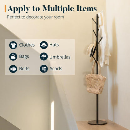 Coat Rack Freestanding with Natural Marble Base - Coat Tree with 8 Hooks Heavy Duty Coat Hanger Stand, Metal Coat Rack Stand for Jacket, Hat, Clothes & Bag, Hall Tree Hat Rack for Entryway
