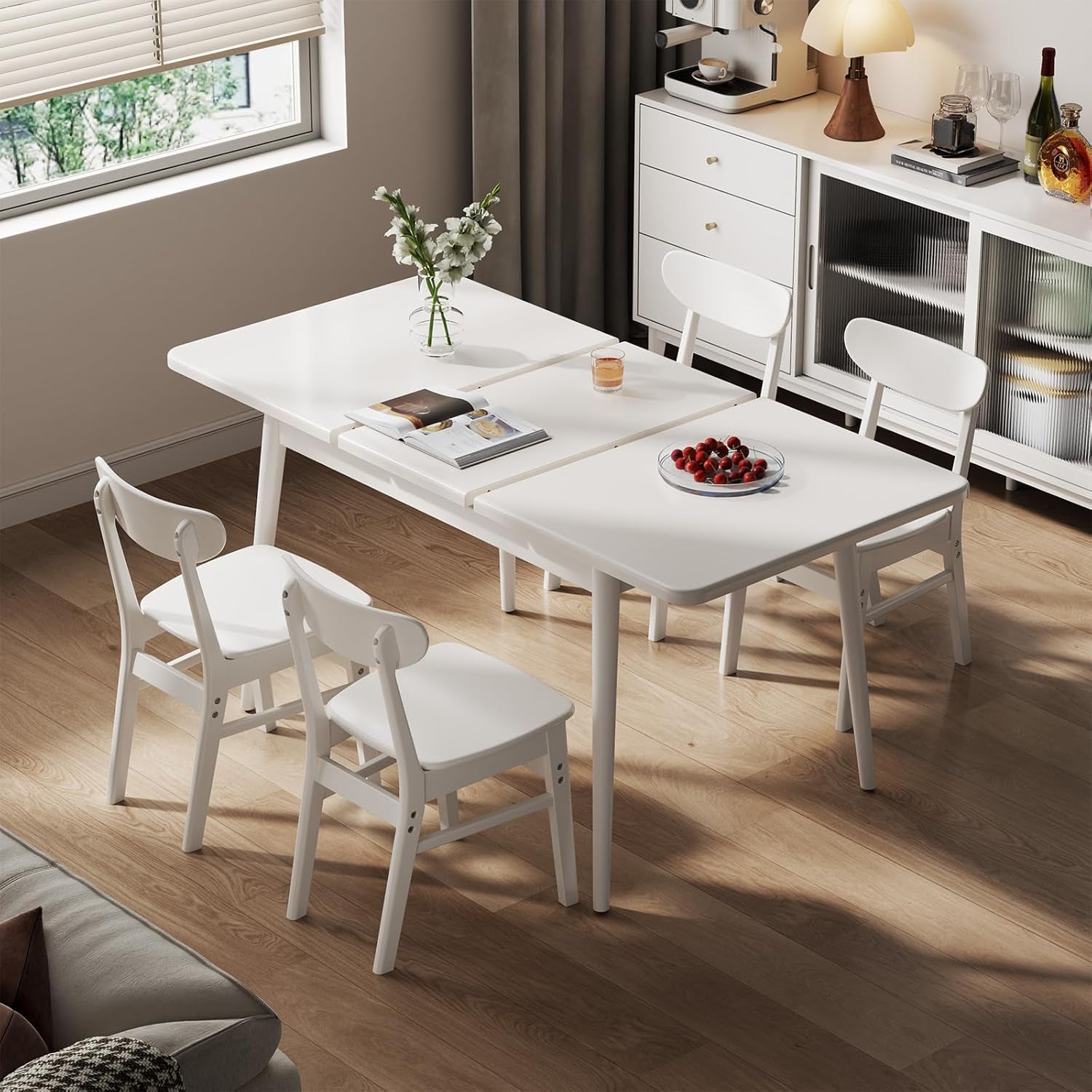 Solid Wood Extendable Dining Table for 4-8 People with Seamless Extension from 47.2 to 63 Inches, Easy Assembly, Expandable Tables for Small Spaces, Dining Room, Kitchen, Living Room, White