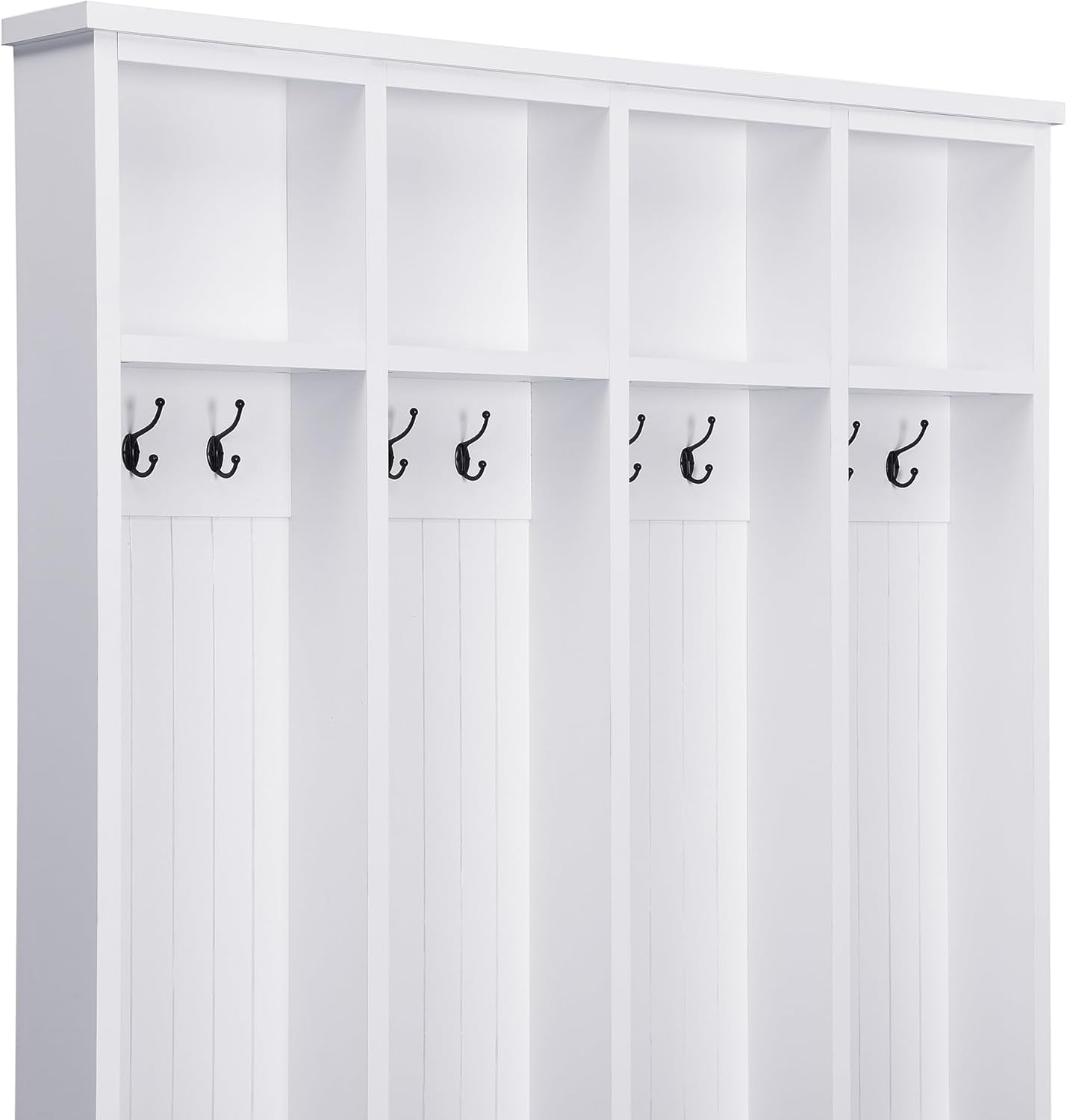 Farmhouse Hall Tree with 8 Hooks,Entryway Cabinet W/Bench,Multi-Functional Coat Rack W/4 Storage Unit and 4 Shoe Cabinet,Entryway Cabinets for Hallway,Living Room,Mudroom,White