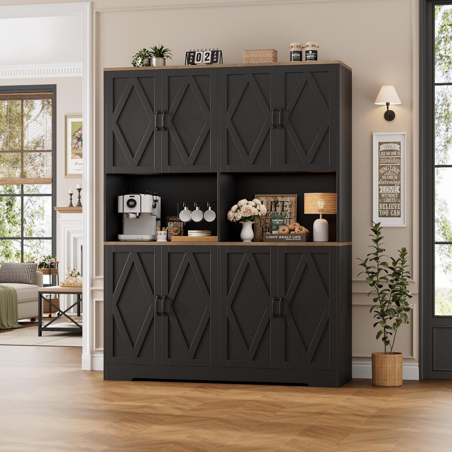 71" Tall Pantry Cabinet, 55" Wide Kitchen Pantry Storage Cabinet, Large Kitchen Hutch with 2 Microwave Stands, Farmhouse Coffee Bar Station with Doors and Shelves for Dining Room, Black