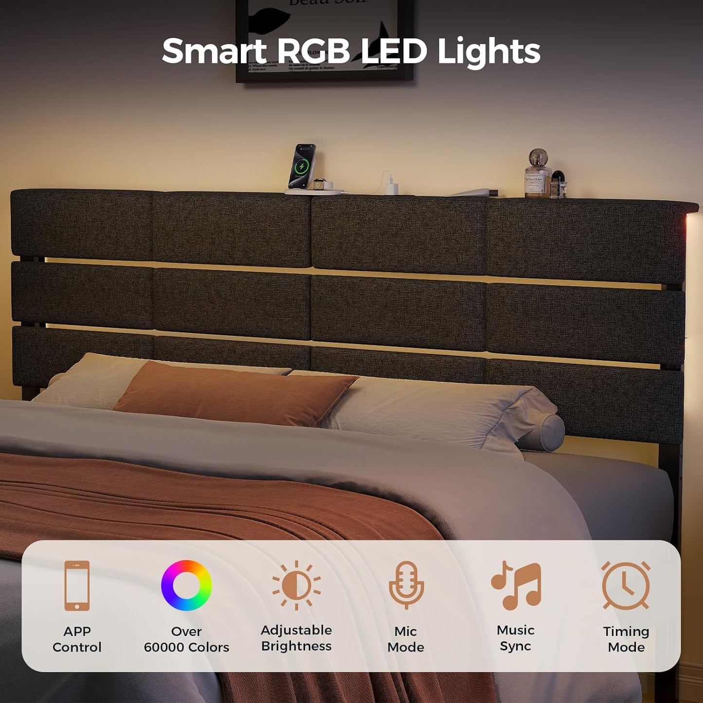 Full/Queen Size Upholstered Headboard, Adjustable Head Boards with LED Light & Charging Station, Bed Headboard Only, Attach Frame, Study & Comfortable, Ideal for Bedroom, Dorm, Guest Room, Dark Grey