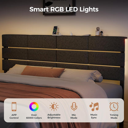 Full/Queen Size Upholstered Headboard, Adjustable Head Boards with LED Light & Charging Station, Bed Headboard Only, Attach Frame, Study & Comfortable, Ideal for Bedroom, Dorm, Guest Room, Dark Grey