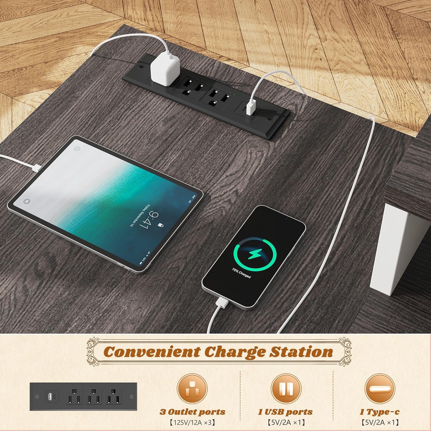 55" L Shaped Farmhouse Computer Desk with Drawers, Office Desk with Long Monitor Stand & Storage Shelves for Bedroom, Desk for Home Office, Desks with Power Outlets & LED Lights, Study Room