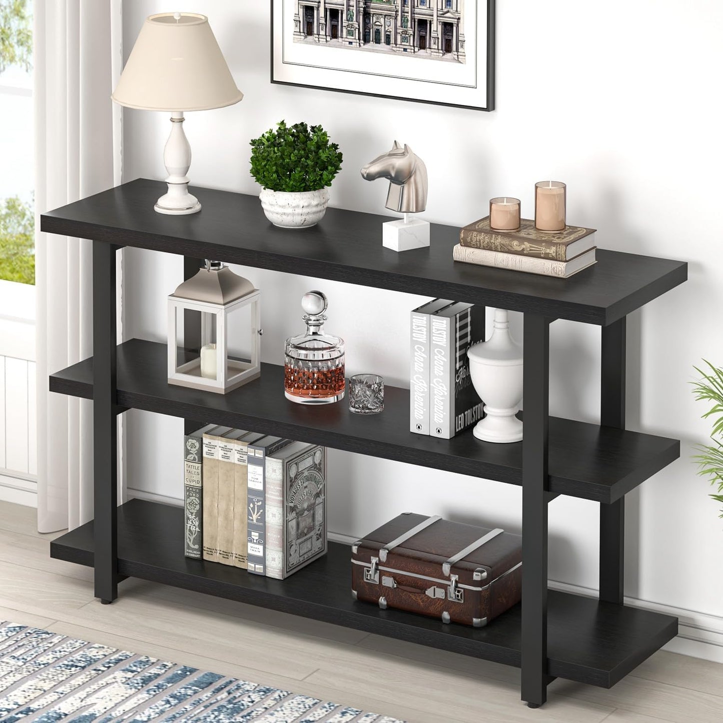 Black Entryway Table, Modern Console Tables with 3 Tier Storage Shelves for Living Room, Wood and Metal Sofa Table for Hallway, Entrance, or behind Couch, 47 Inch