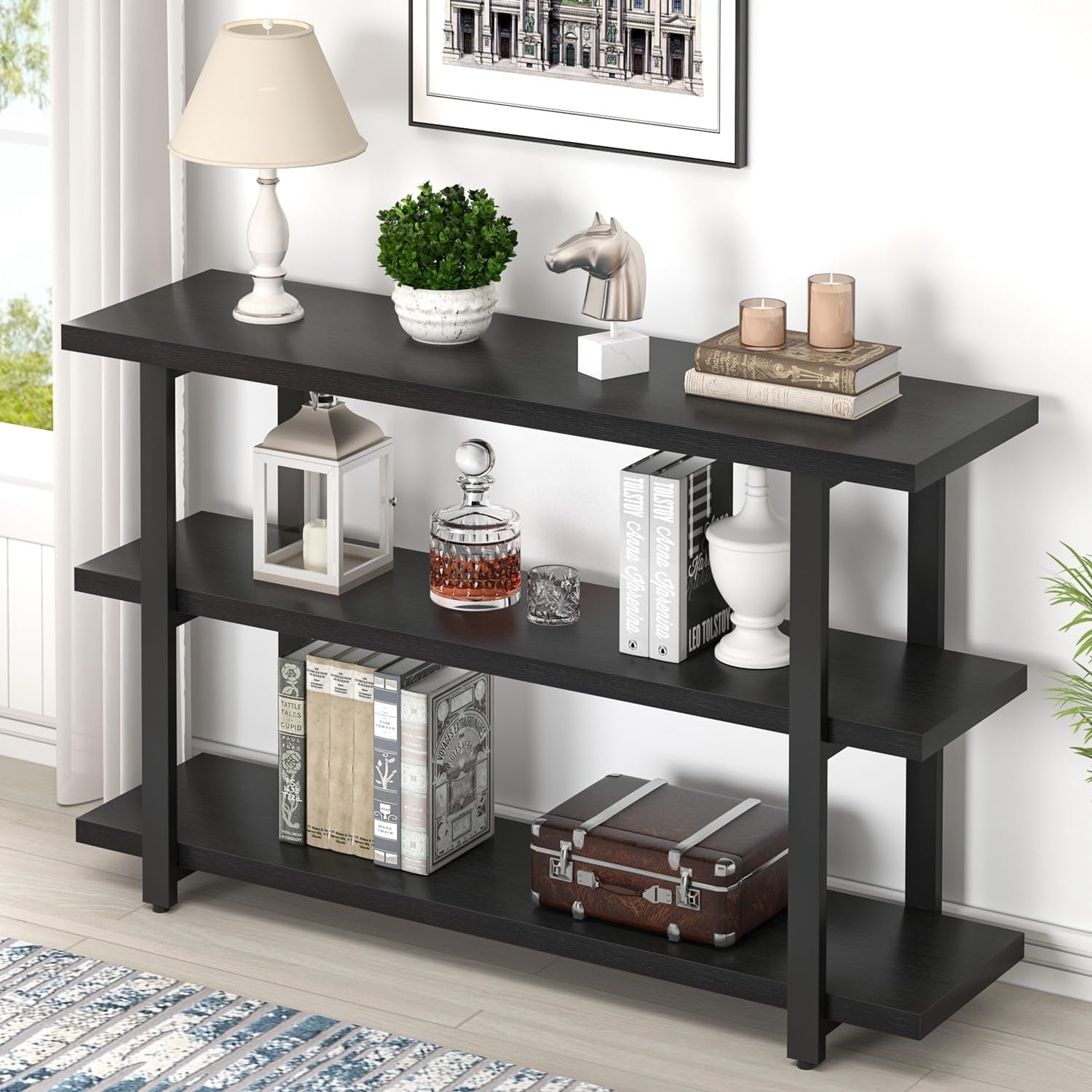 Black Entryway Table, Modern Console Tables with 3 Tier Storage Shelves for Living Room, Wood and Metal Sofa Table for Hallway, Entrance, or behind Couch, 47 Inch
