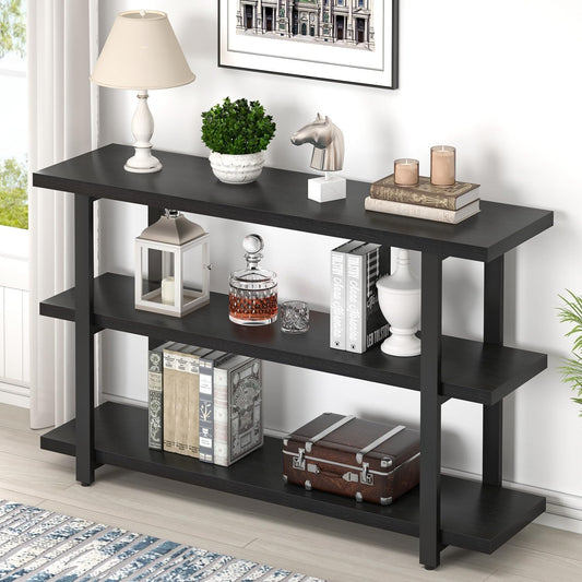 Black Entryway Table, Modern Console Tables with 3 Tier Storage Shelves for Living Room, Wood and Metal Sofa Table for Hallway, Entrance, or behind Couch, 47 Inch