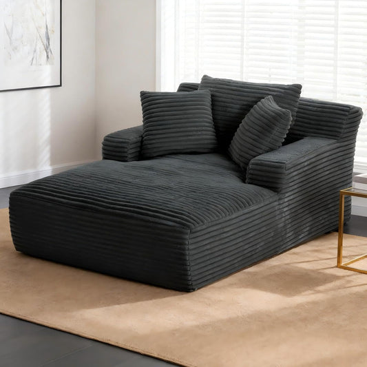 66" Chaise Lounge Chair Indoor, Oversized Boneless Couch Comfy Upholstered Sleeper Sofa Bed with 3 Pillows, Corduroy Cloud Reading Chair for Living Room No Assembly Required, Dark Grey