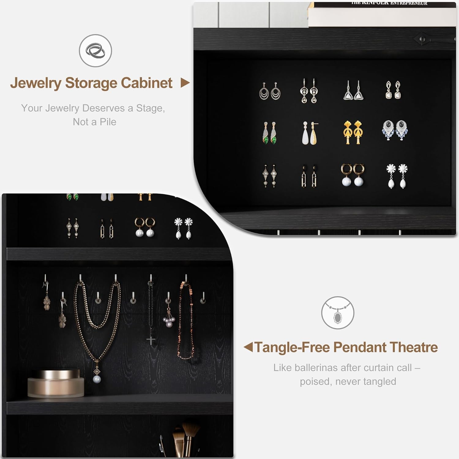 Farmhouse Makeup Vanity Desk with Sliding Mirror and Lights, Glass Desktop Makeup Vanity Desk with Charging Station, 3-Tier Hidden Slide-Out Vanity Shelves, Jewelry Storage Cabinet, 2 Drawers-Black