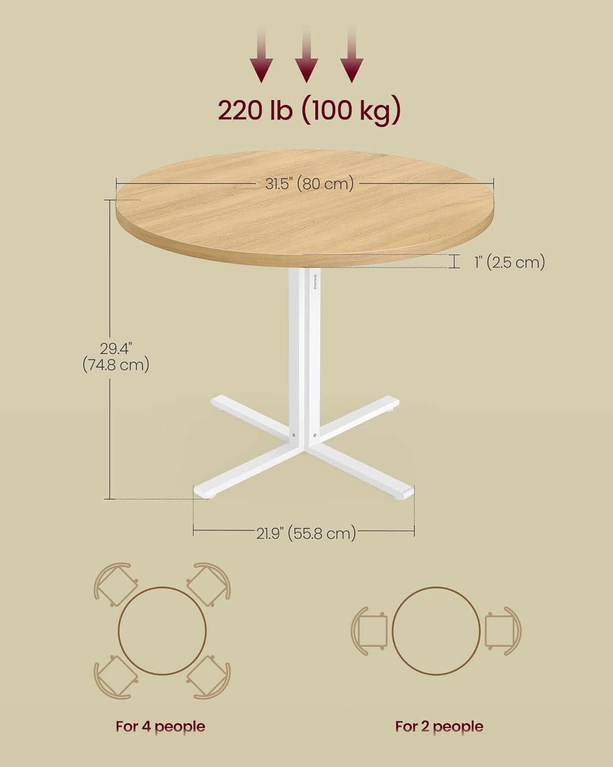 Dining Table, Small round Kitchen Table for 4 People, 31.5 X 29.4 Inches, for Dining Room, Living Room, Farmhouse, Water-Resistant, Oka Beige UKDT082Y02