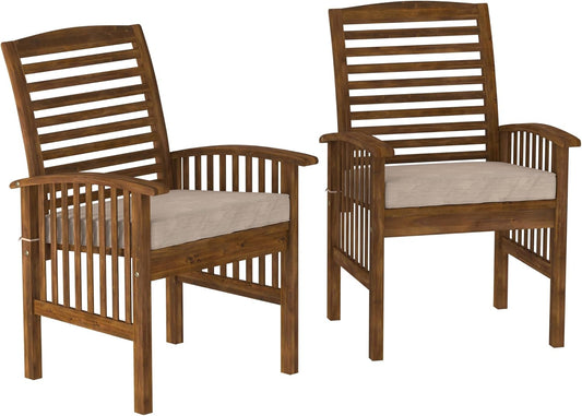 Rendezvous Modern 2 Piece Solid Acacia Wood Slat Back Outdoor Dining Chairs, Set of 2, Dark Brown