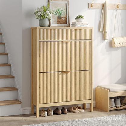 Fluted Shoe Storage Cabinet with 2 Flip Drawers & 2 Storage Drawers, Narrow Hidden Shoe Rack Organizer with Adjustable Shelf, Freestanding Slim Shoe Cabinet Storage for Entryway, Hallway, Foyer, Oak