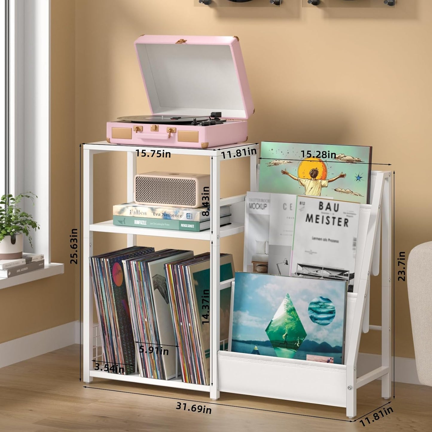 Record Player Table,Turntable Shelf with Vinyl Storage up to 150 Albums,White Side Table with 3 Tier Magazine Periodical Book Rack,Wide Metal Record Holder Cabinet for Room Office