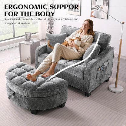 Oversized Curved Chaise Lounge Chair Indoor with Ottoman, 54.8" Cloud Boneless Reading Chair Soft Chenille Circle Couch for Living Room, Apartroom, Bedroom, Grey