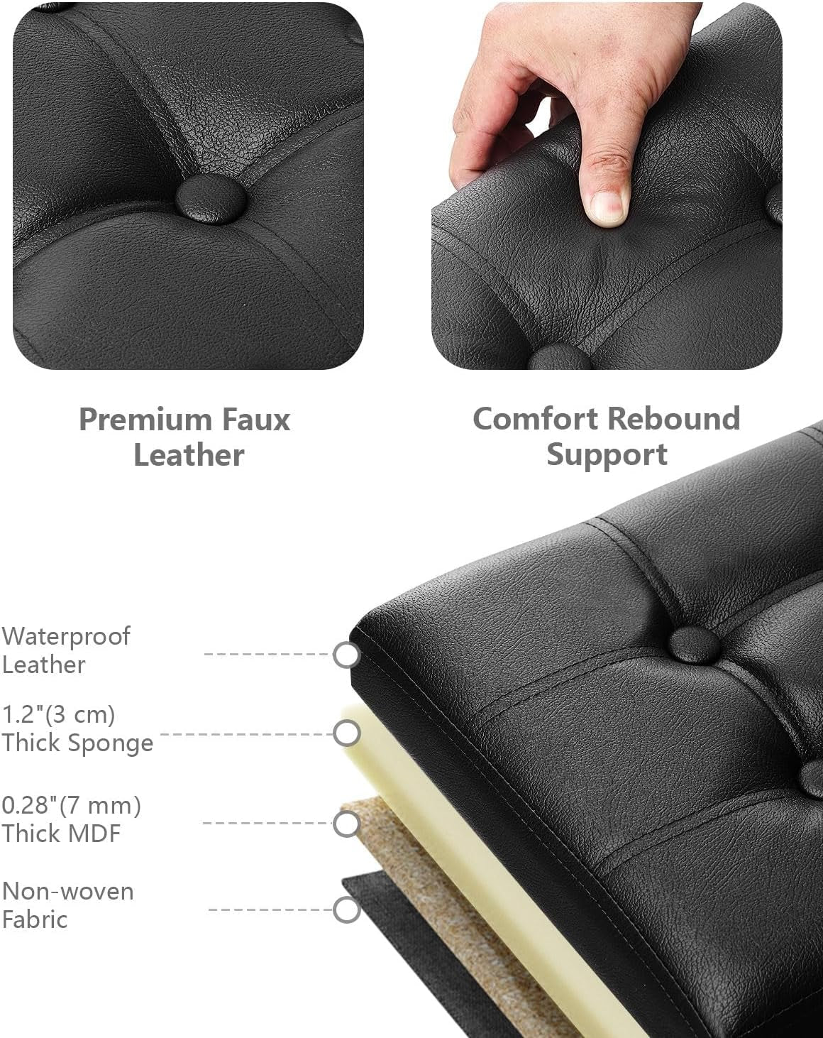 Footrest Ottoman Bench with Storage,34Inch Black Leather Footstool, Coffee Table, Padded Seat, Storage Chest,Blanket Store with Flipping Lid for Livingroom and Bedroom