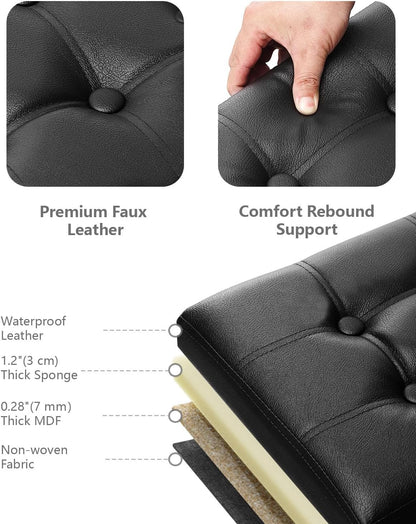 Footrest Ottoman Bench with Storage,34Inch Black Leather Footstool, Coffee Table, Padded Seat, Storage Chest,Blanket Store with Flipping Lid for Livingroom and Bedroom