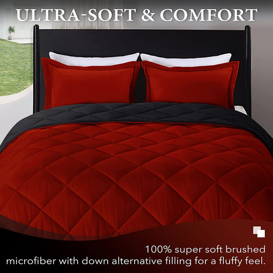 King Size Comforter Set - Red and Black King Comforter, Soft Bedding Sets for All Seasons - 3 Pieces - 1 Comforter (104"X92") and 2 Pillow Shams(20"X36")