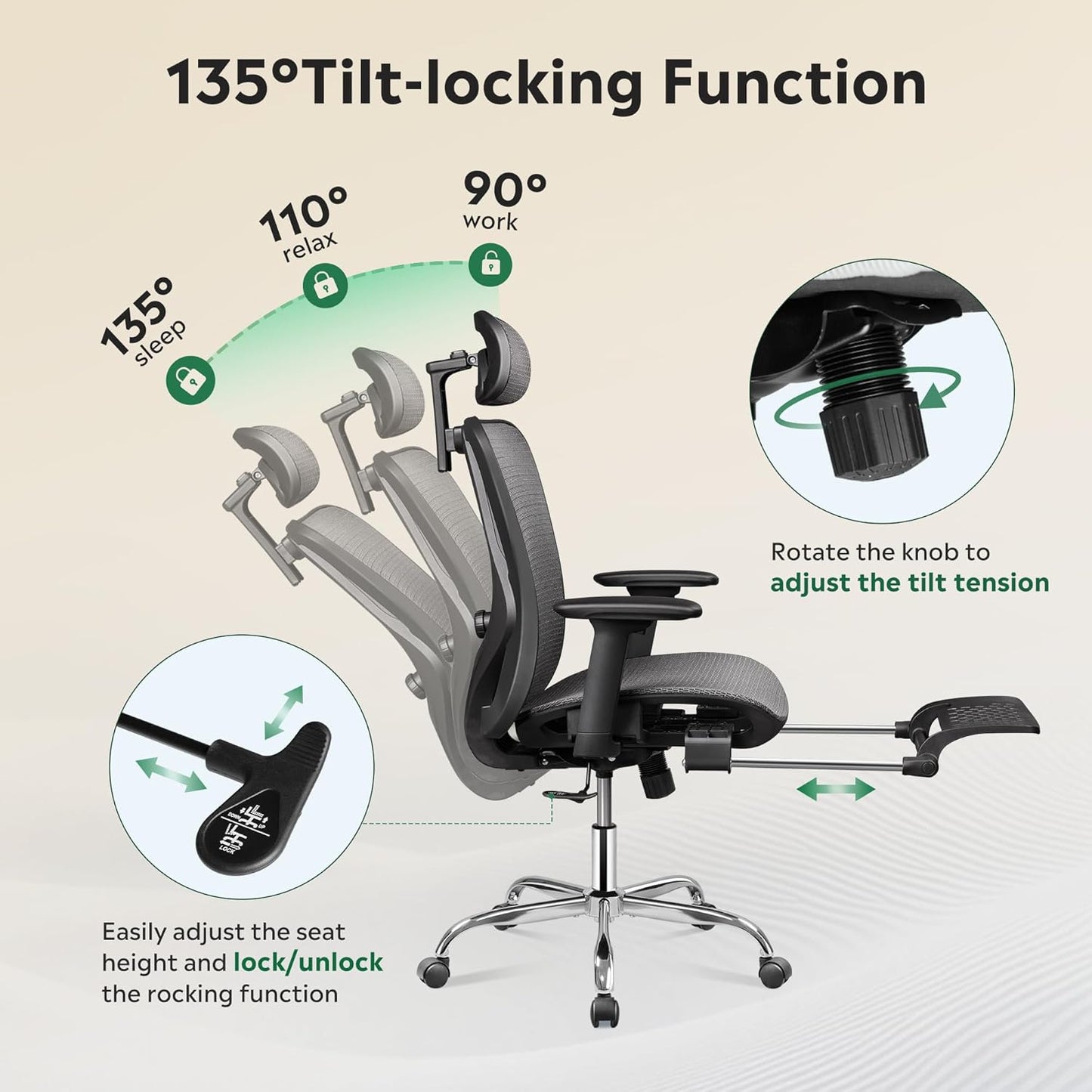 Ergonomic Mesh Office Desk Chair, Retractable Footrest and Adjustable Lumbar Support, Comfy High Back Reclining Computer Gaming Chair, Tilt Function, Heavy Duty, SGS Class 4 Gas Lift, Grey