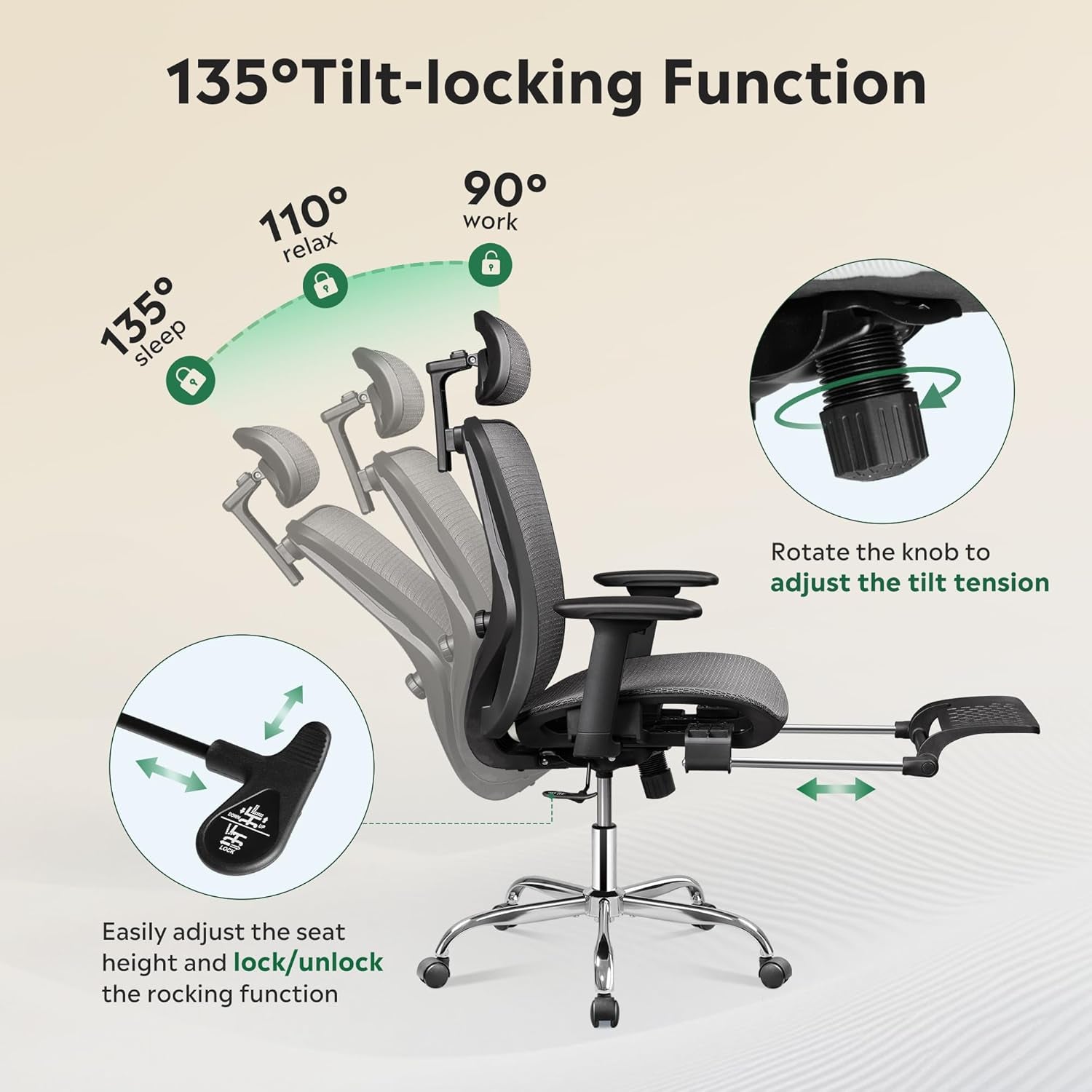 Ergonomic Mesh Office Desk Chair, Retractable Footrest and Adjustable Lumbar Support, Comfy High Back Reclining Computer Gaming Chair, Tilt Function, Heavy Duty, SGS Class 4 Gas Lift, Grey