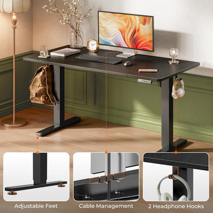 55 X 28 Large Electric Standing Desk, Height Adjustable Computer Desk, 27.6" Deep Desktop, Stand up Gaming Office Table with 2 Hooks, 3 Preset Heights, for Home Office, Black