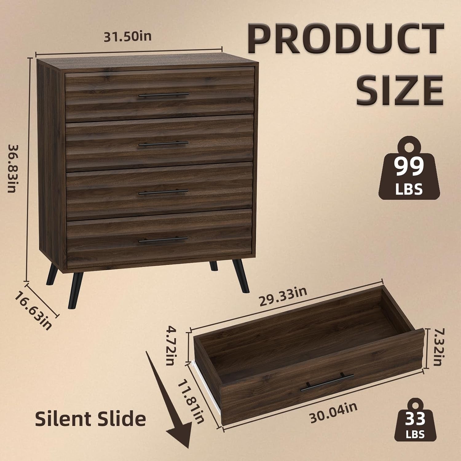 4 Drawers Dresser for Bedroom, Walnut Chest of Drawers with Large Storage Capacity, Wooden Storage Dresser Organizer for Bedroom Nursery Living Room Hallway Closet(4-Drawer)