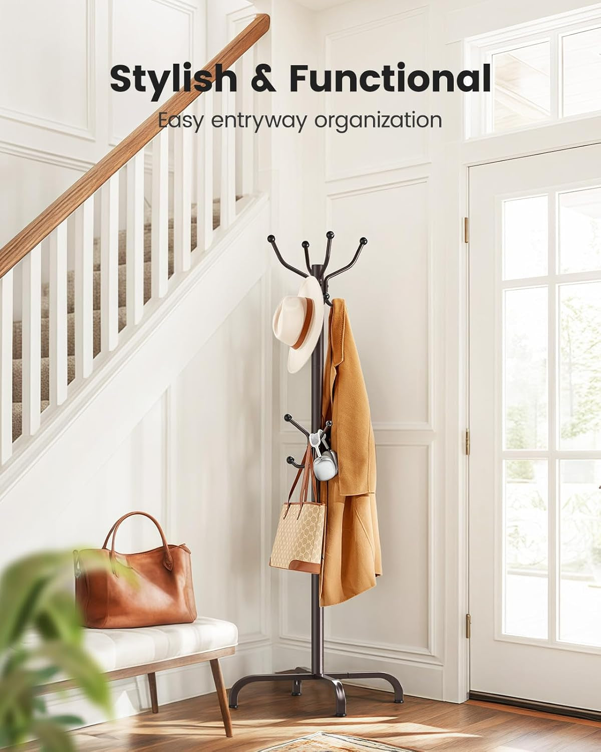 Coat Rack with 14 Hooks, Freestanding Coat Rack Stand for Entryway, Hallway, Bedroom, and Office, Metal Coat Tree & Hat Rack for Coats, Hats, and Bags, Brown