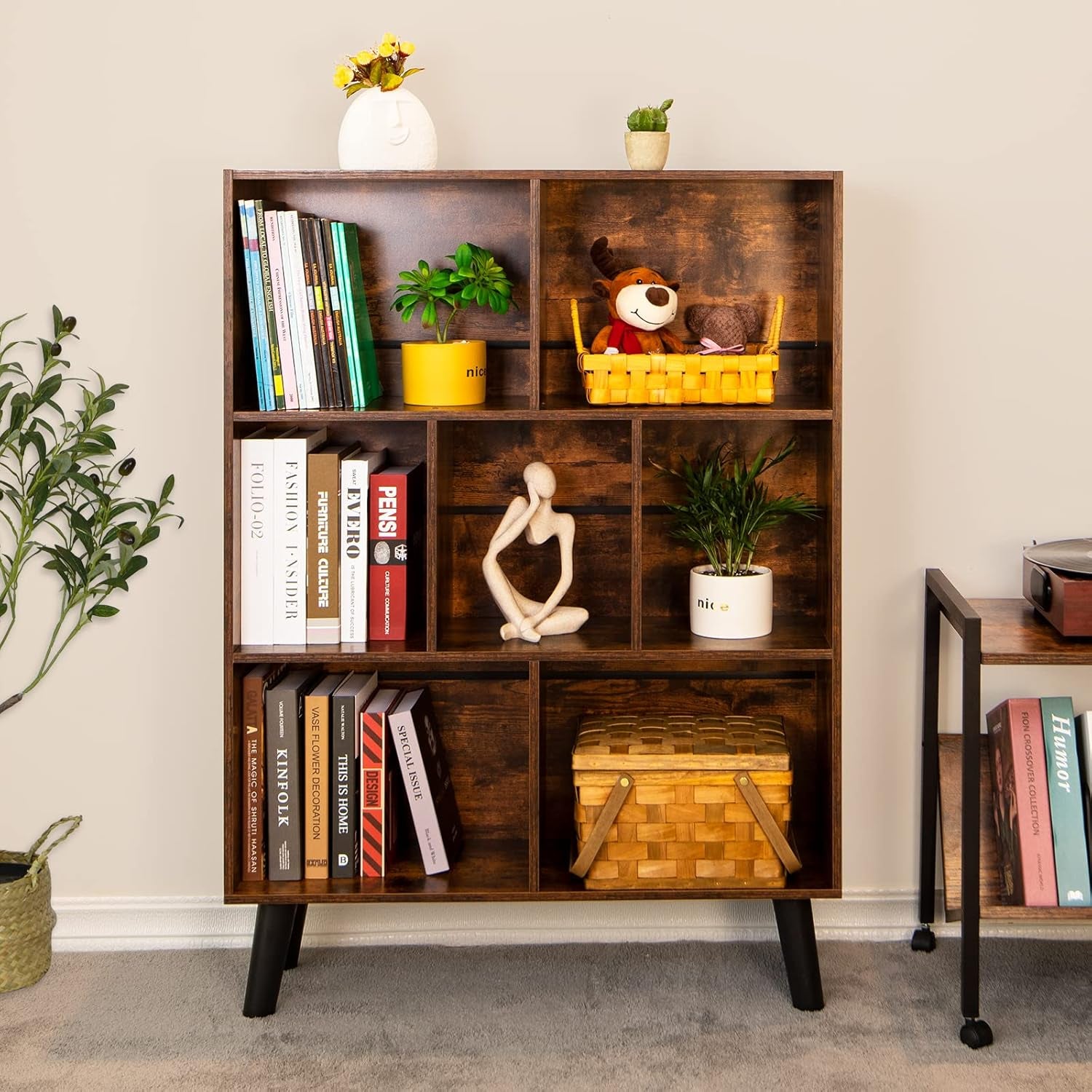 Cube Bookshelf 3 Tier Mid-Century Rustic Brown Modern Bookcase with Legs,Retro Wood Bookshelves Storage Organizer Shelf,Freestanding Open Book Shelves for Bedroom,Living Room,Office