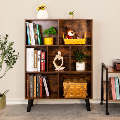 Cube Bookshelf 3 Tier Mid-Century Rustic Brown Modern Bookcase with Legs,Retro Wood Bookshelves Storage Organizer Shelf,Freestanding Open Book Shelves for Bedroom,Living Room,Office