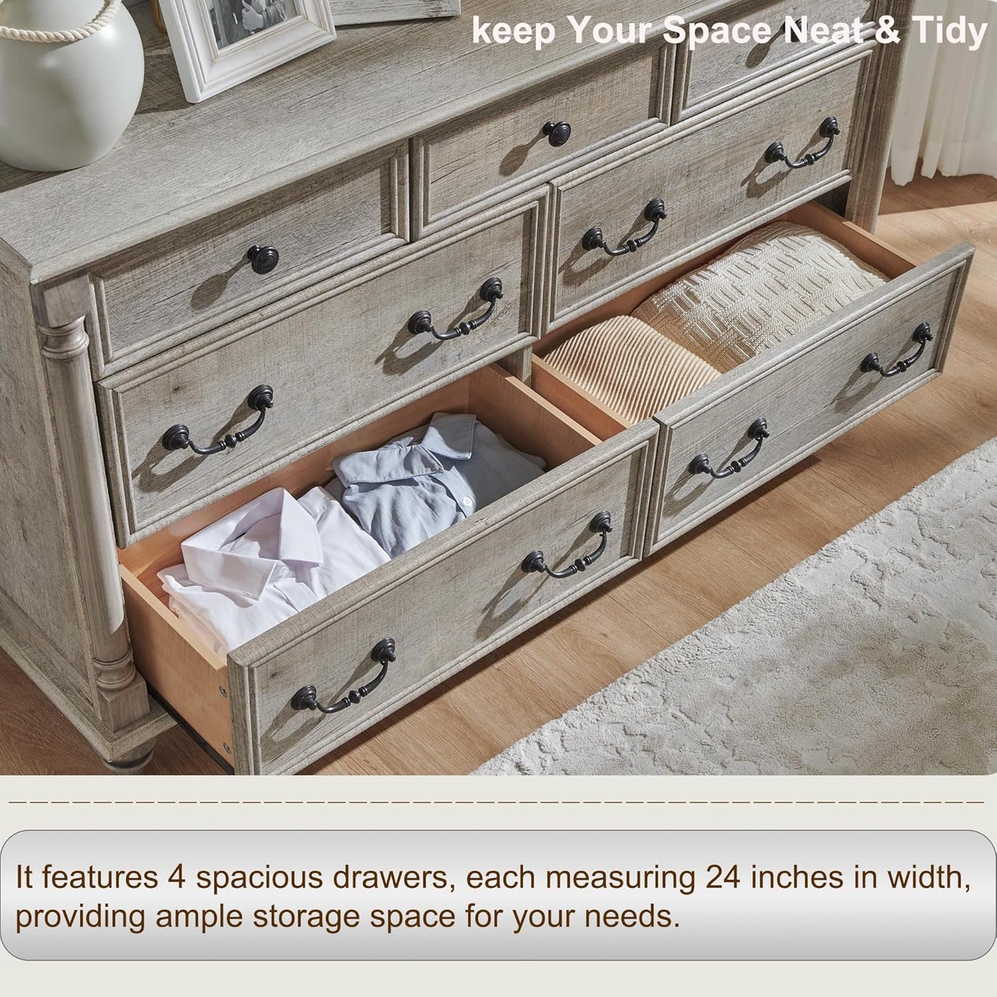 Farmhouse 7 Drawers Dresser Chests for Bedroom W/ 4 Column Solid Wood Feet, Tall Wide Wood Country Rustic Chest of Drawers, Storage Dressers for Bedroom, Living Room, Light Rustic Oak