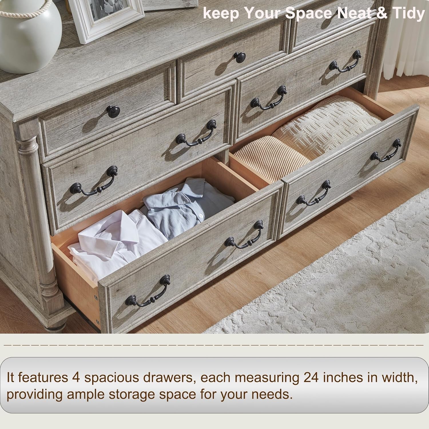 Farmhouse 7 Drawers Dresser Chests for Bedroom W/ 4 Column Solid Wood Feet, Tall Wide Wood Country Rustic Chest of Drawers, Storage Dressers for Bedroom, Living Room, Light Rustic Oak
