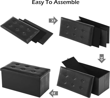 Folding Storage Ottoman Bench, Faux Leather Footrest Couch for Living Room, 30 Inch Storage Bench with Padded Seat for Bedroom Hallway, Holds up to 350Lbs, Black