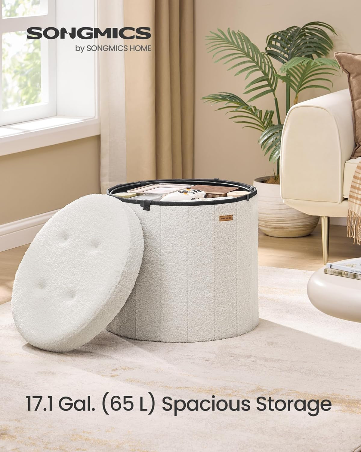 Mazie Collection - round Storage Ottoman, Folding Footrest Stool with Removable Lid, Easy Assembly, Teddy Fleece Vanity Stool for Bedroom, Living Room, Entryway, Cream White ULSF606W01