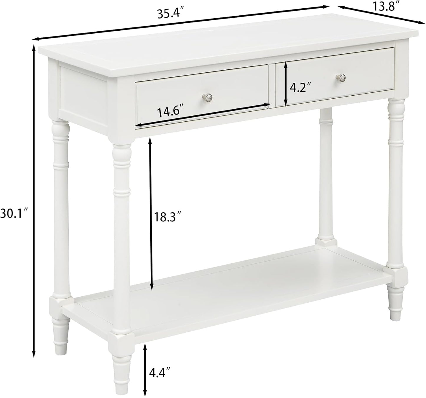 Solid Wood Console Table with 2 Drawers, 2-Tier 35.4" X 30" Accent Sofa Table with Multilayer Storage Shelf Rustic Hall Entryway Tables for Living Room Home Office-Ivory White