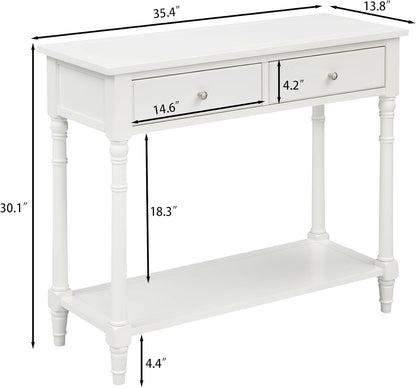 Solid Wood Console Table with 2 Drawers, 2-Tier 35.4" X 30" Accent Sofa Table with Multilayer Storage Shelf Rustic Hall Entryway Tables for Living Room Home Office-Ivory White