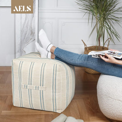 Unstuffed Farmhouse Pouf Cover for Living Room, Boho Storage Bean Bag Cubes, Beige with Navy Blue Stitch Yarn Dyed Stripe Square Ottoman Pouf Foot Rest Footstool, 18"X18"X18", Cover ONLY