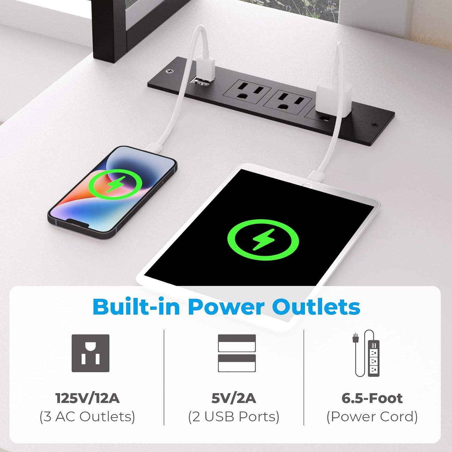 40 Inch Home Office Desk with Power Outlets, Small Computer Desk with Ergonomic Monitor Stand, Reversible Gaming Desk, Modern Study Desk, Laptop Desk, White