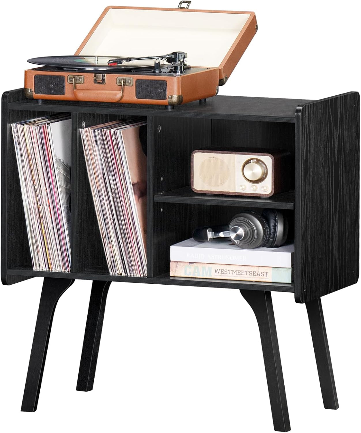 Record Player Stand,Vinyl Record Storage Table with 4 Cabinet up to 120 Albums,Mid-Century Turntable Stand with Wood Legs,Black Vinyl Holder Display Shelf for Bedroom Living Room