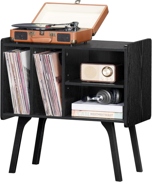Record Player Stand,Vinyl Record Storage Table with 4 Cabinet up to 120 Albums,Mid-Century Turntable Stand with Wood Legs,Black Vinyl Holder Display Shelf for Bedroom Living Room