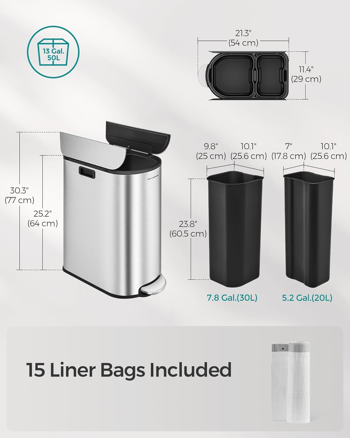 13-Gallon Dual Kitchen Trash Can, 5.3 and 8 Gallon Compartments, Garbage Can with Wing Lids, Stainless Steel, Soft Close, Inner Buckets, Metallic Silver ULTB570E50