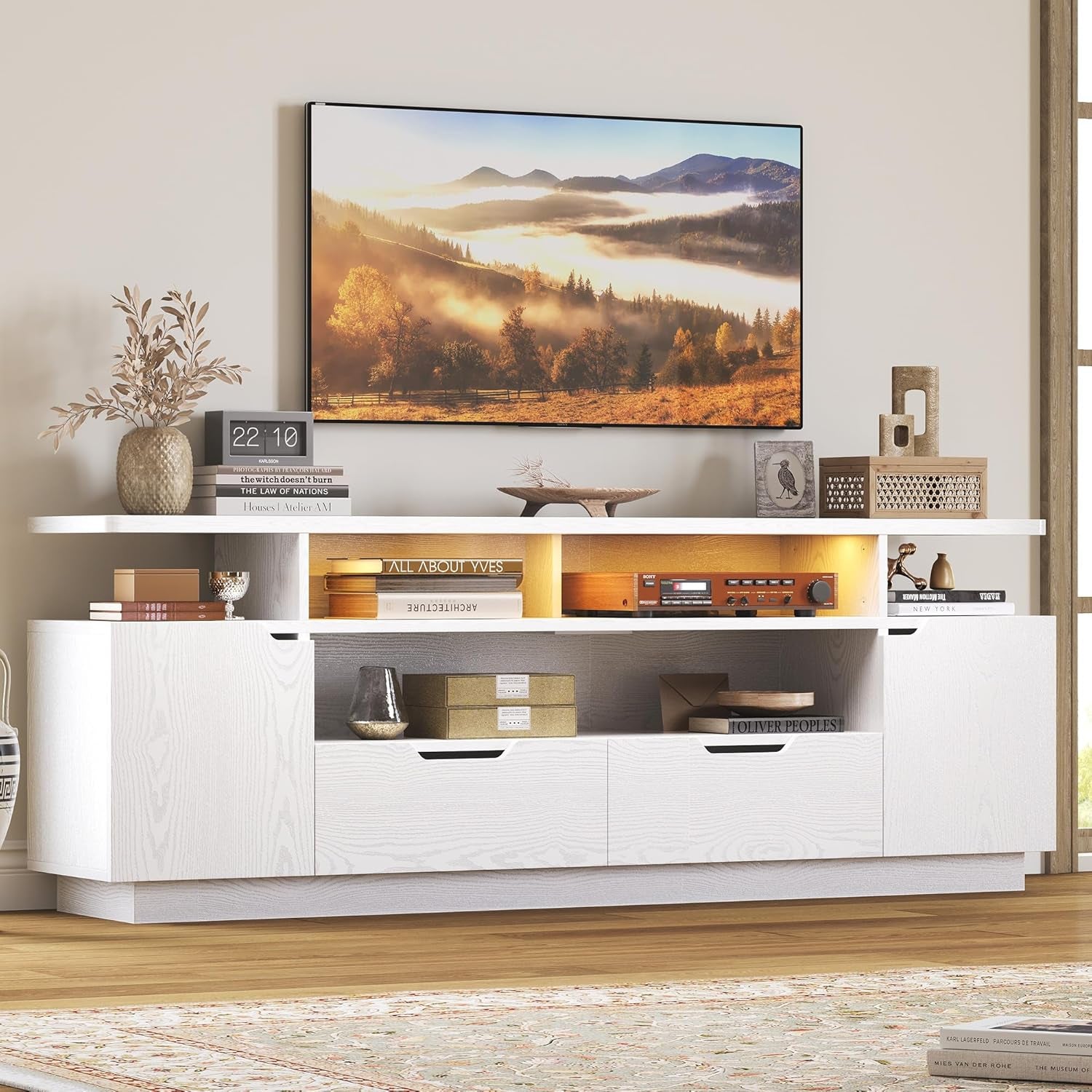 TV Stand for Tvs 85 Inch with Power Outlet and LED Lights, Entertainment Center with Storage Cabinets, Media TV Console with Drawers, Modern TV Stand for Living Room, White