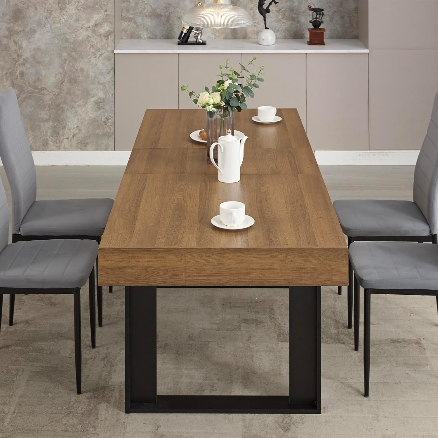 63”-79” Extendable Dining Room Table, Modern Farmhouse Wooden Kitchen Table, Long Expandable Dining Table for 6 8 10, Large Expanding Tables Conference Tables (Walnut Brown)