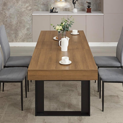 63”-79” Extendable Dining Room Table, Modern Farmhouse Wooden Kitchen Table, Long Expandable Dining Table for 6 8 10, Large Expanding Tables Conference Tables (Walnut Brown)