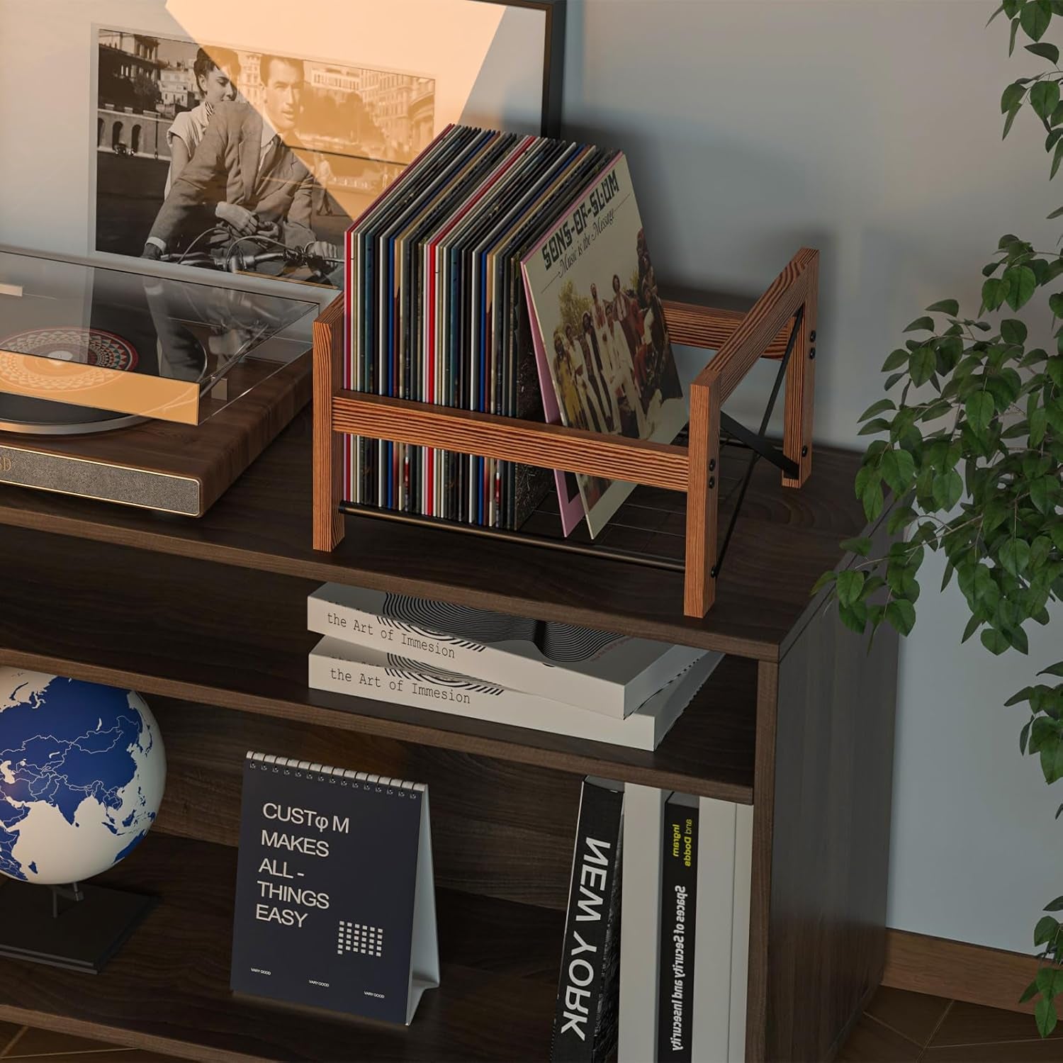 Vinyl Record Holder – 1 Pack Only – Fits 7"–12" Albums, Holds 50–100 Records, Dvds, or Cds – Modern Wooden Storage Stand, File Organizer Rack, Brown