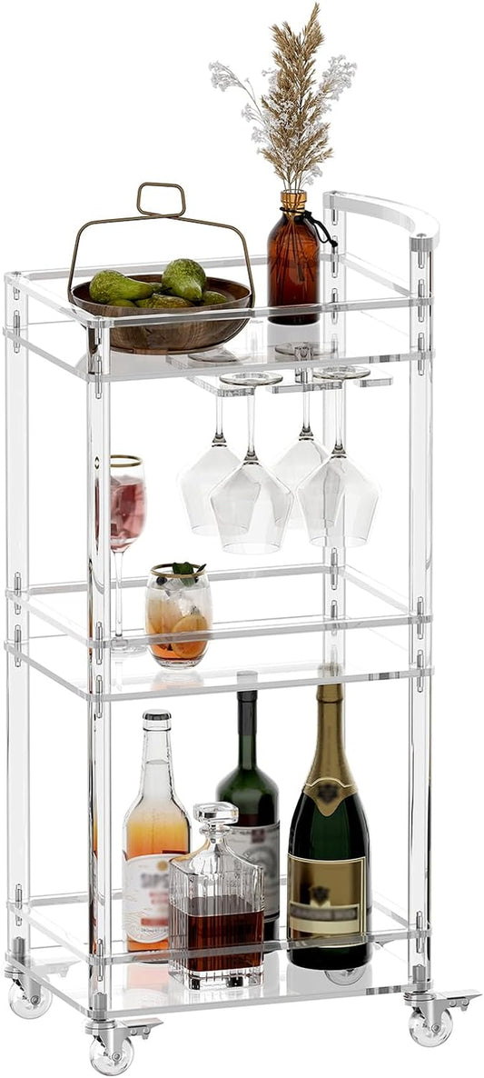 Small Acrylic Bar Cart - 3 Tier Home Bar Cart Rolling Serving Cart with 4 Lockable Wheels, Glass Holders, Handle, for Living Room, Kitchen, Bedroom, Bar, 15.6" L X 11.6" W X 35" H