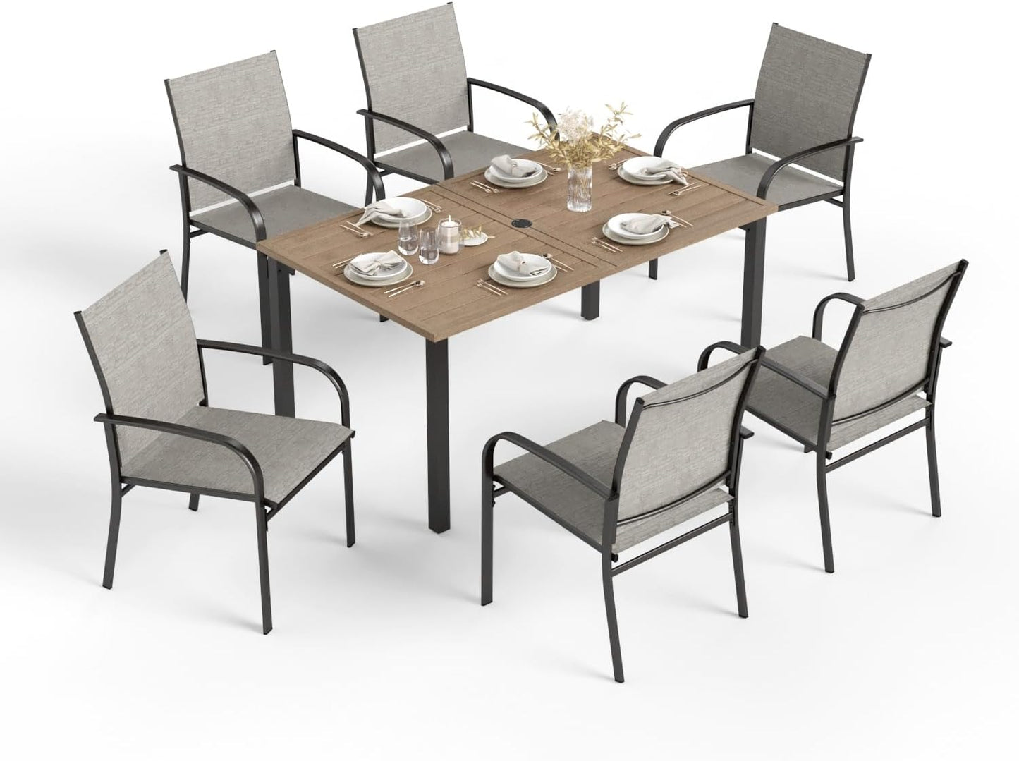 Patio Table and Chairs for 6, 7 Pieces Outdoor Deck Dining Sets, Wood-Like Rectangular Metal Table Set with Chairs for Lawn Garden Backyard, Brown