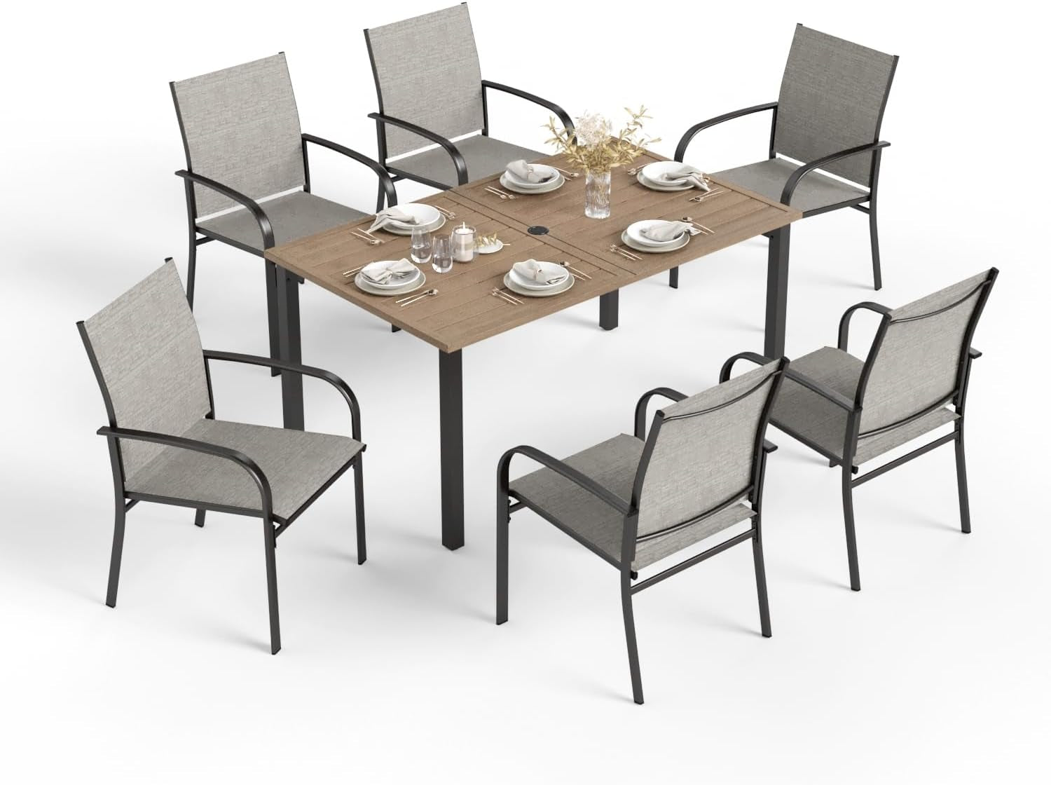 Patio Table and Chairs for 6, 7 Pieces Outdoor Deck Dining Sets, Wood-Like Rectangular Metal Table Set with Chairs for Lawn Garden Backyard, Brown