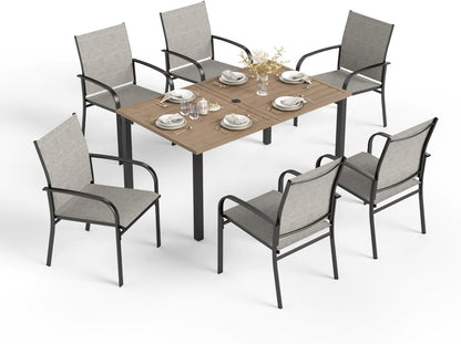 Patio Table and Chairs for 6, 7 Pieces Outdoor Deck Dining Sets, Wood-Like Rectangular Metal Table Set with Chairs for Lawn Garden Backyard, Brown