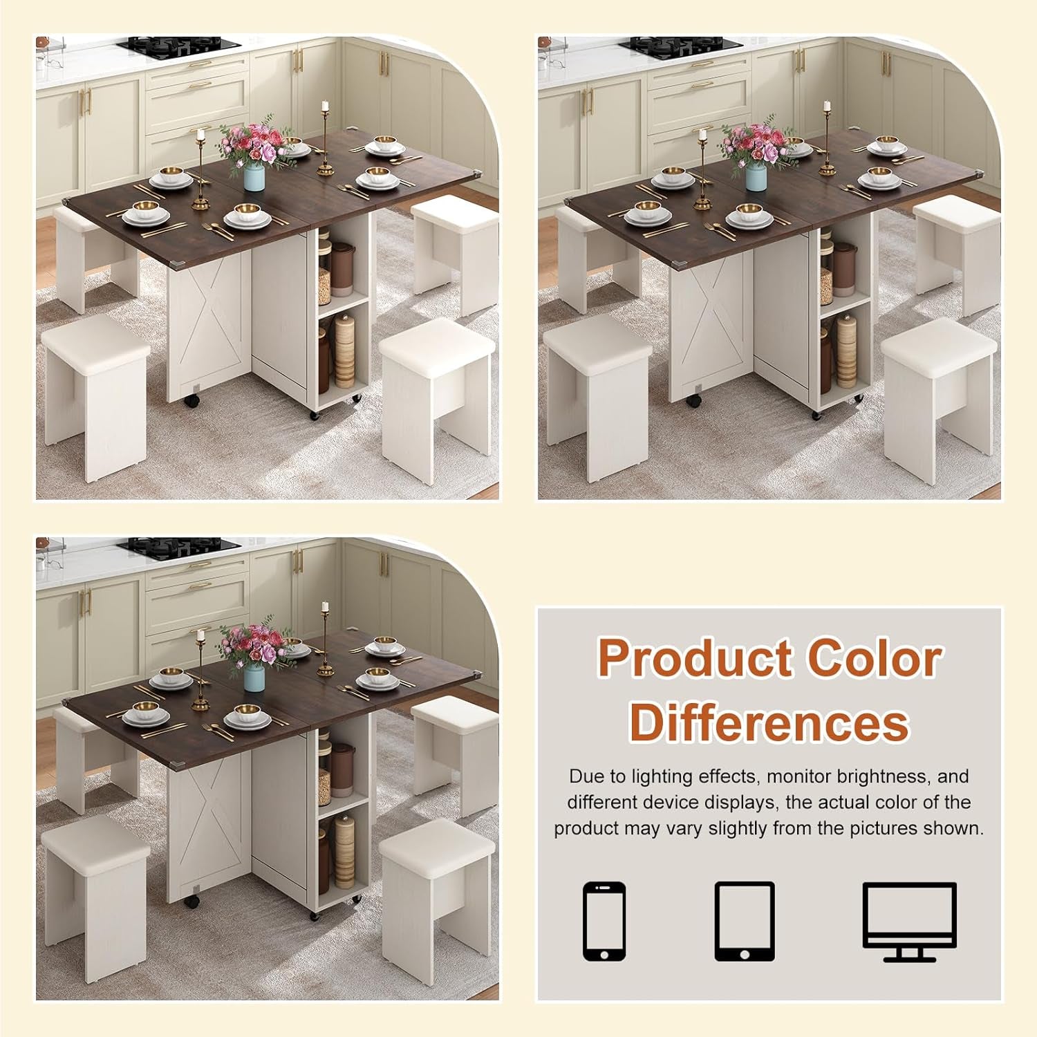 5 PCS Farmhouse Dining Table Set for 4,60" Large Folding Dining Table Set W/ 4 Leather Chairs, Drop Leaf Foldable Kitchen Table for Small Spaces,Barn Door Design,6 Wheels,2-Layer Storage Shelf,Brown