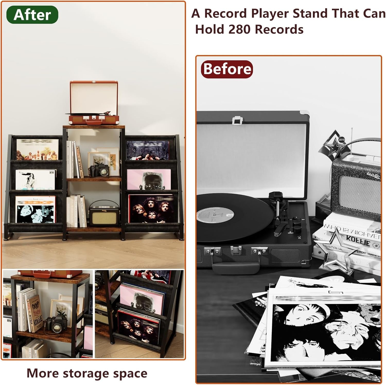 Record Player Stand with 6-Tier Vinyl Storage, Holds up to 280 Albums, Turntable Stand with Record Holder Display Shelf, Brown Record Cabinet for Media Stereo Audio